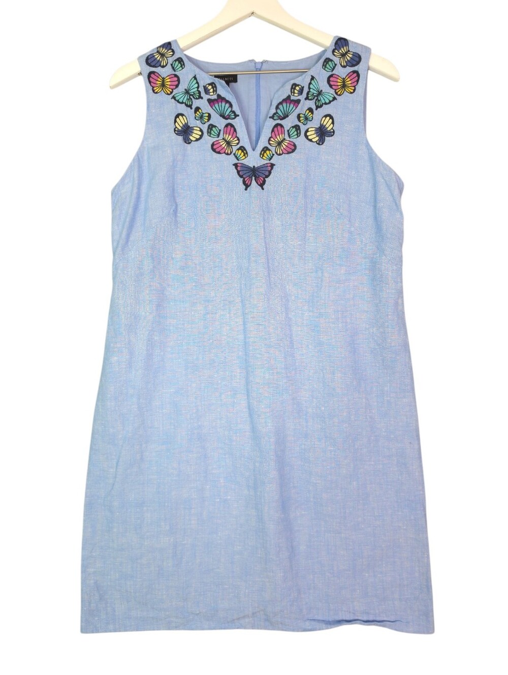 Talbots Linen Blend Sleeveless Light Blue Shift Dress Embroidered Butterfly Yoke